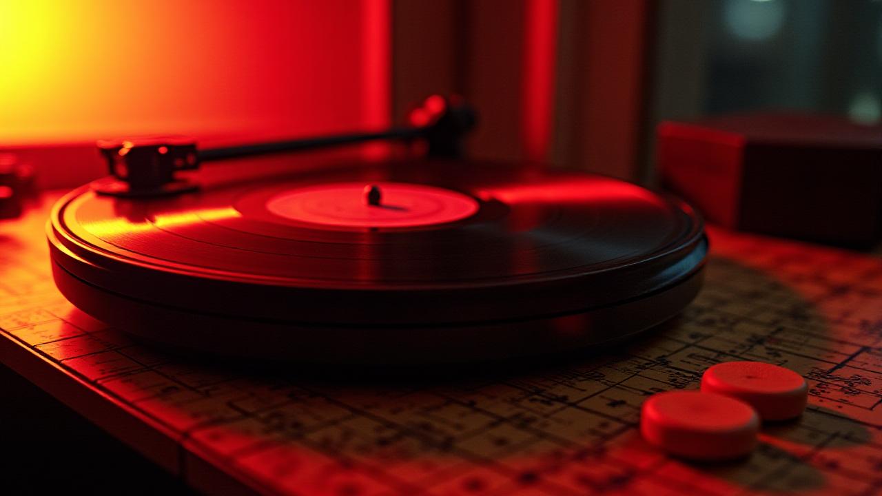 ターンテーブルと並んだ音楽テーマのボードゲーム